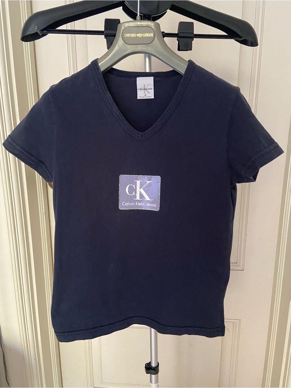 Calvin Klein Navy V-Neck Tee with Lavender cK Patch